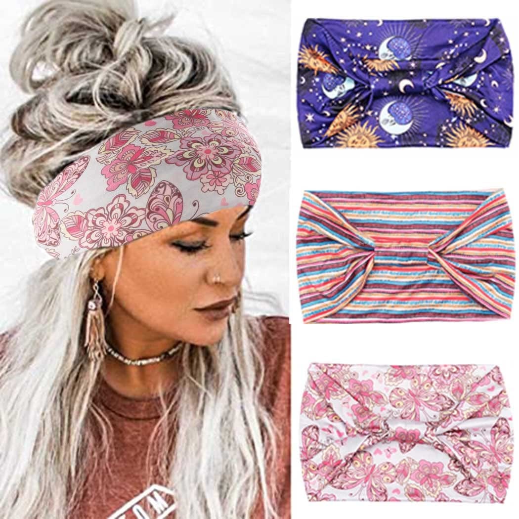 YBSHIN Boho Wide Headbands Stripe Head Wraps Knoted Hair Wears Turban Yoga Sweatbands Elastic Floral Printed Head Scarfs Stretch Cloth Hair Bands for Women and Girls 3Pcs (A) Apparel & Accessories > Clothing Accessories > Bandanas & Headties YBSHIN-101 D-A