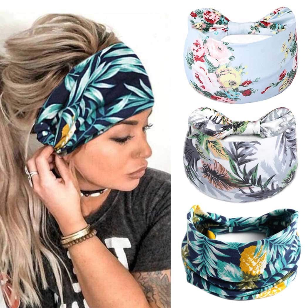 YBSHIN Boho Wide Headbands Stripe Head Wraps Knoted Hair Wears Turban Yoga Sweatbands Elastic Floral Printed Head Scarfs Stretch Cloth Hair Bands for Women and Girls 3Pcs (A) Apparel & Accessories > Clothing Accessories > Bandanas & Headties YBSHIN-101 E