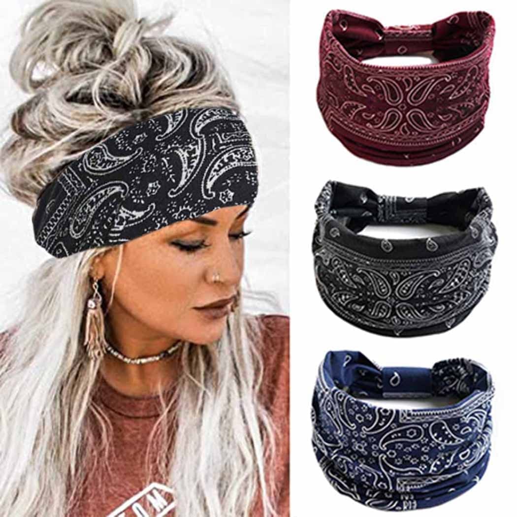 YBSHIN Boho Wide Headbands Stripe Head Wraps Knoted Hair Wears Turban Yoga Sweatbands Elastic Floral Printed Head Scarfs Stretch Cloth Hair Bands for Women and Girls 3Pcs (A) Apparel & Accessories > Clothing Accessories > Bandanas & Headties YBSHIN-101 C