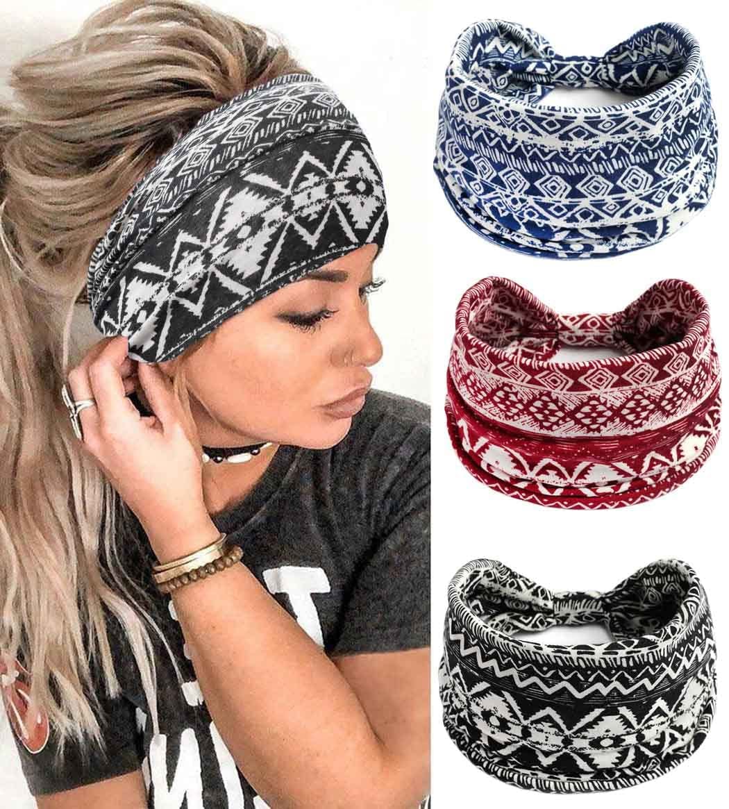 YBSHIN Boho Wide Headbands Stripe Head Wraps Knoted Hair Wears Turban Yoga Sweatbands Elastic Floral Printed Head Scarfs Stretch Cloth Hair Bands for Women and Girls 3Pcs (A) Apparel & Accessories > Clothing Accessories > Bandanas & Headties YBSHIN-101 A-C