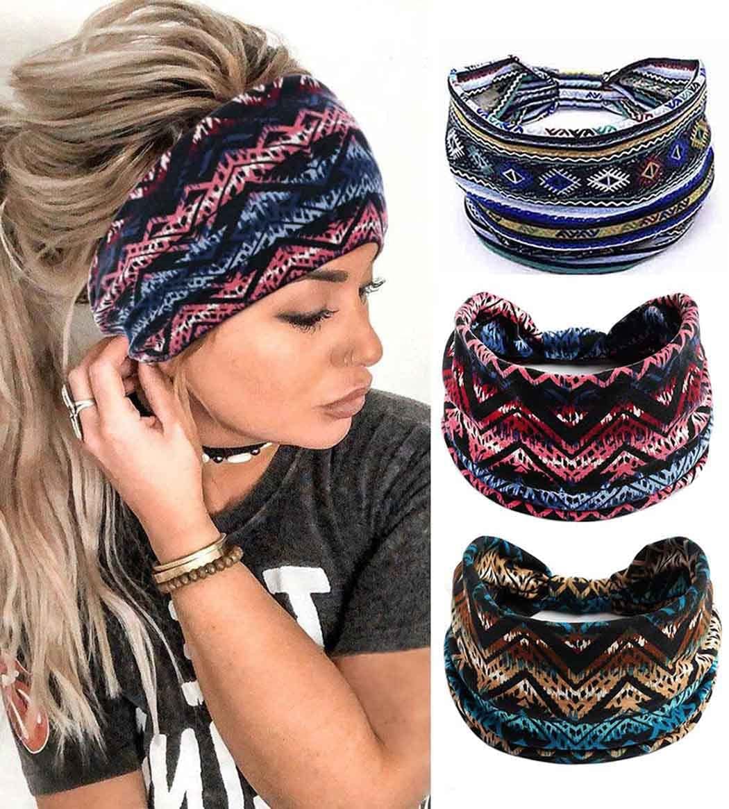 YBSHIN Boho Wide Headbands Stripe Head Wraps Knoted Hair Wears Turban Yoga Sweatbands Elastic Floral Printed Head Scarfs Stretch Cloth Hair Bands for Women and Girls 3Pcs (A) Apparel & Accessories > Clothing Accessories > Bandanas & Headties YBSHIN-101 A-A