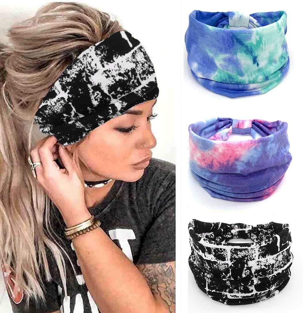 YBSHIN Boho Wide Headbands Stripe Head Wraps Knoted Hair Wears Turban Yoga Sweatbands Elastic Floral Printed Head Scarfs Stretch Cloth Hair Bands for Women and Girls 3Pcs (A) Apparel & Accessories > Clothing Accessories > Bandanas & Headties YBSHIN-101 A-B