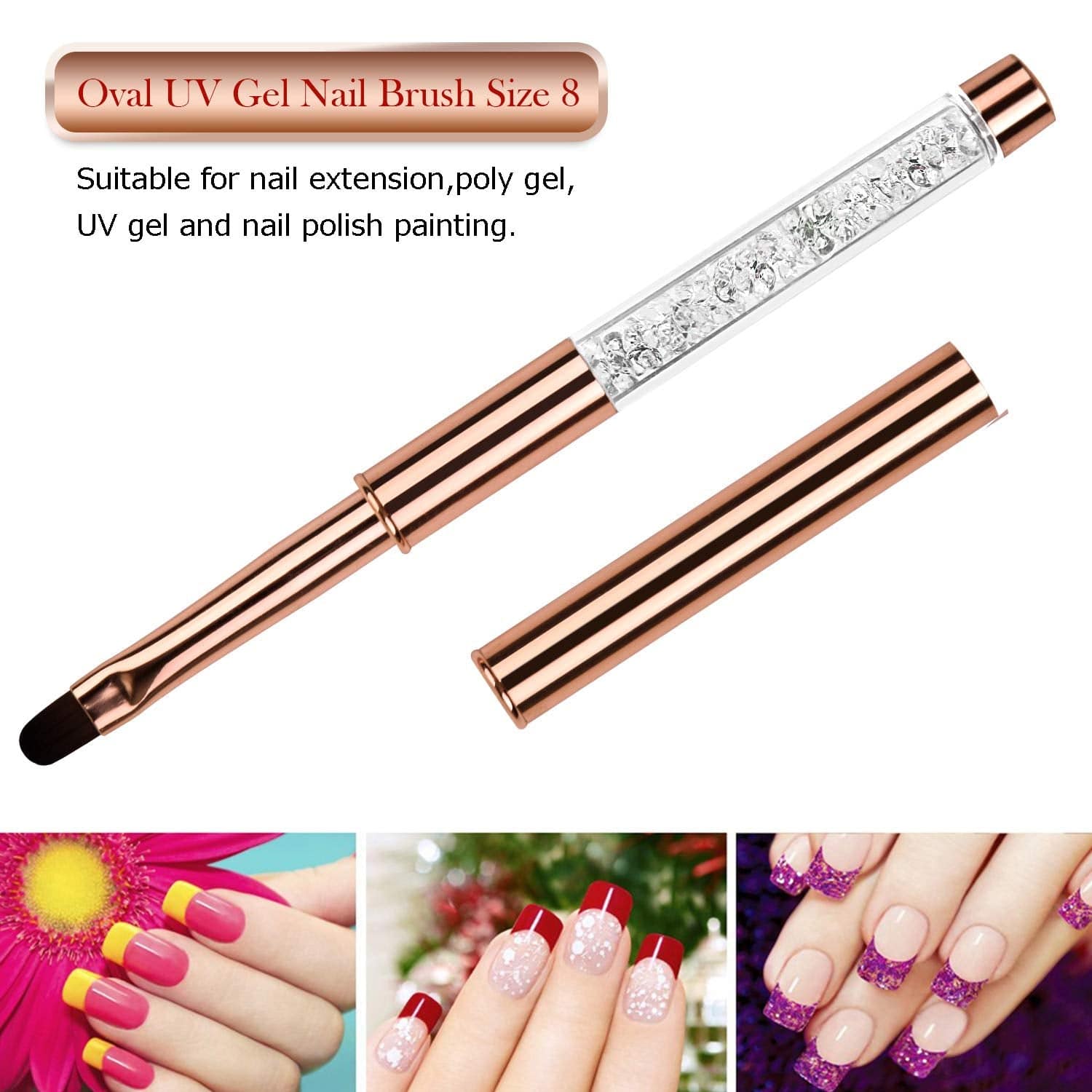 YCYAN 1Pcs Oval UV Gel Nail Brush Rhinestone Handle Professional Nail Art Tools Size 8 Rose Gold Health & Beauty > Personal Care > Cosmetics > Cosmetic Tools > Nail Tools Ycyan