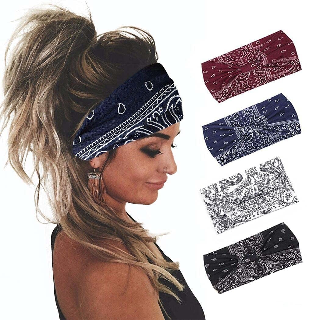 Yean Boho Wide Headbands Black Stretch Hair Bands Elastic Turbans Stylish Head Wraps for Women and Girls (Pack of 4) (Boho) Apparel & Accessories > Clothing Accessories > Bandanas & Headties Headband-1 Boho
