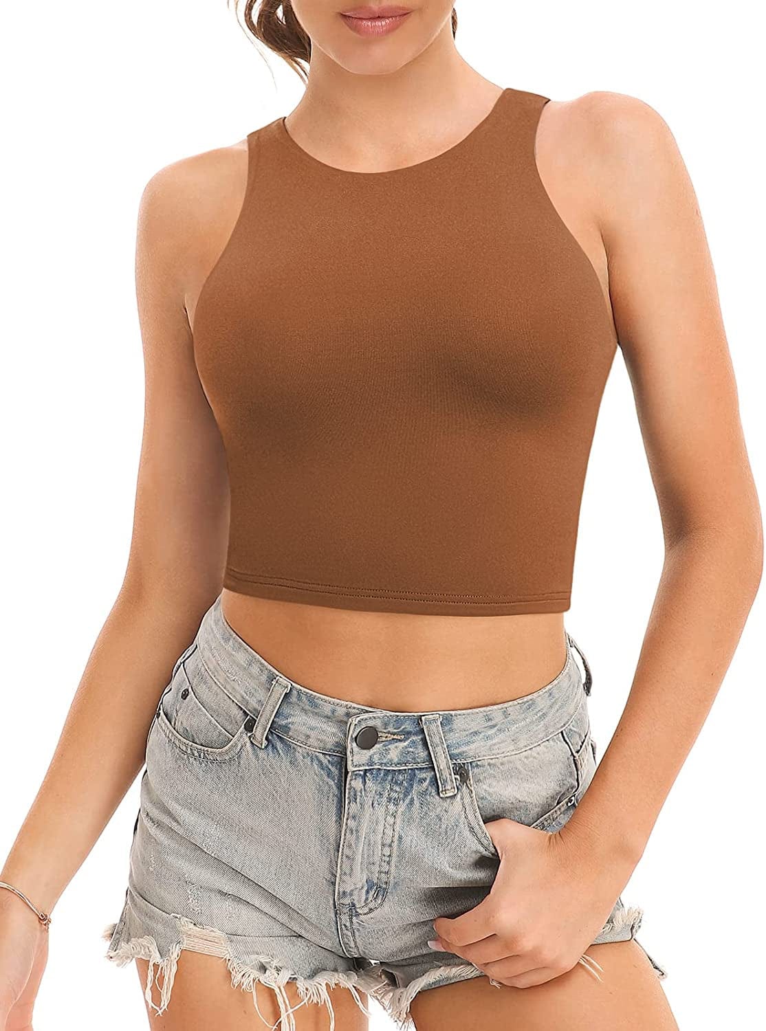 Yeawinta Workout Crop Tops for Women Cropped Racerback Halter Neck Shirts Sleeveless Yoga Tops Pack Brown / Large
