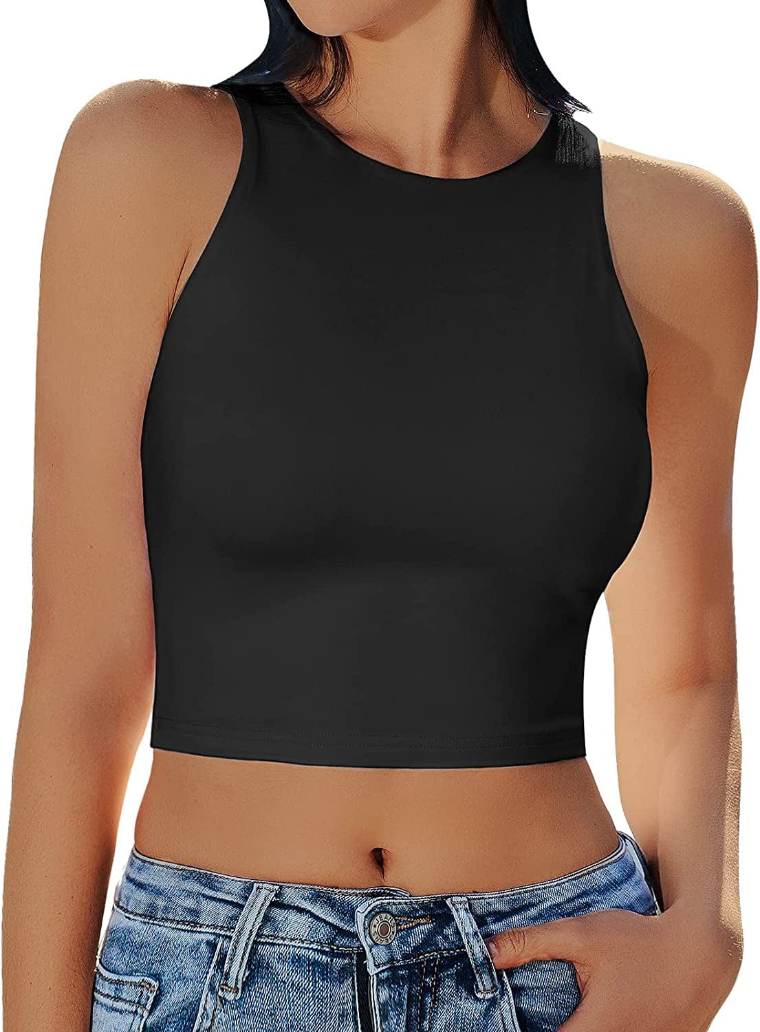 Yeawinta Workout Crop Tops for Women Cropped Racerback Halter Neck Shirts Sleeveless Yoga Tops Pack Black / X-Large