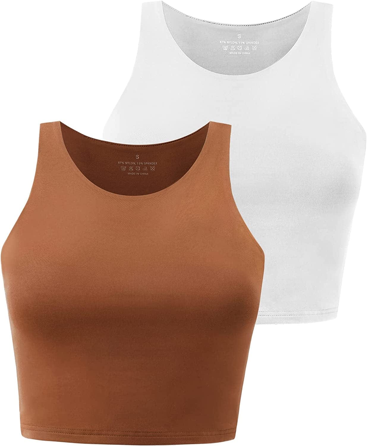 Yeawinta Workout Crop Tops for Women Cropped Racerback Halter Neck Shirts Sleeveless Yoga Tops Pack 2 Pack White/Brown / Large