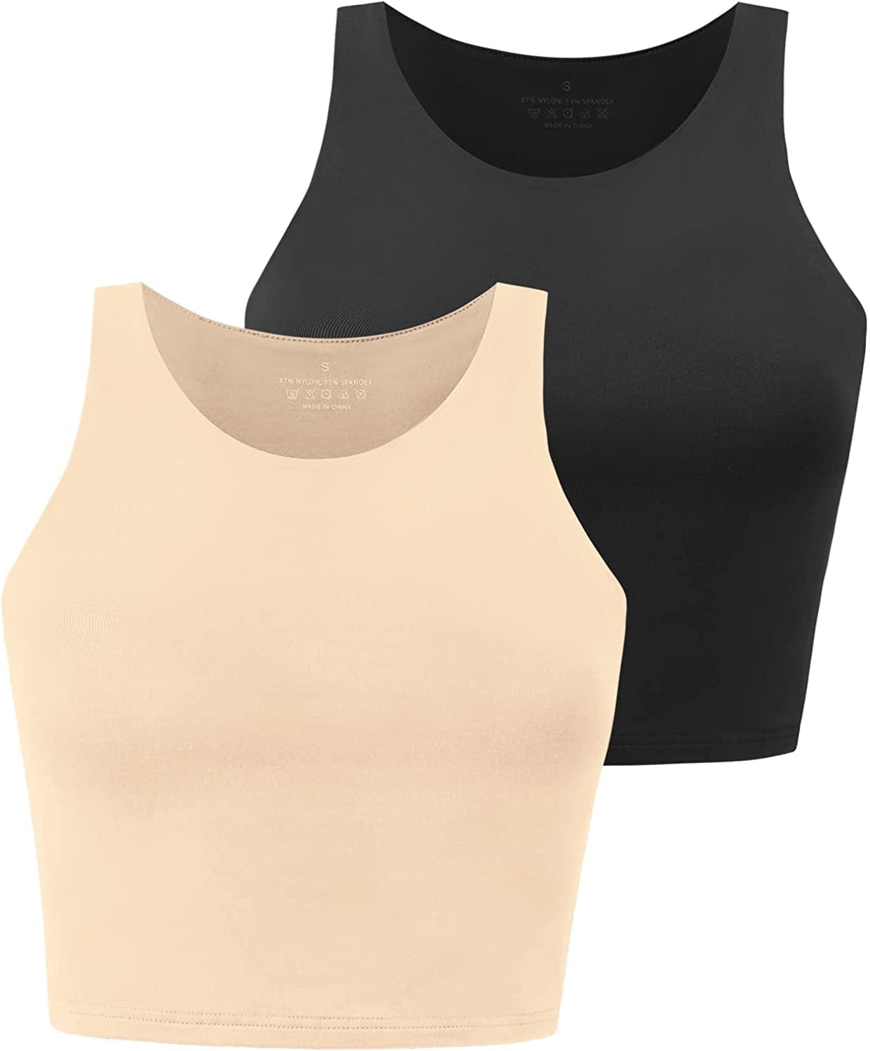 Yeawinta Workout Crop Tops for Women Cropped Racerback Halter Neck Shirts Sleeveless Yoga Tops Pack 2 Pack Black/Nude / Large