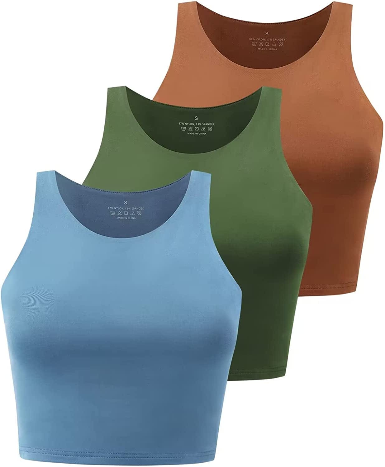Yeawinta Workout Crop Tops for Women Cropped Racerback Halter Neck Shirts Sleeveless Yoga Tops Pack Green/Blue/Brown / Large