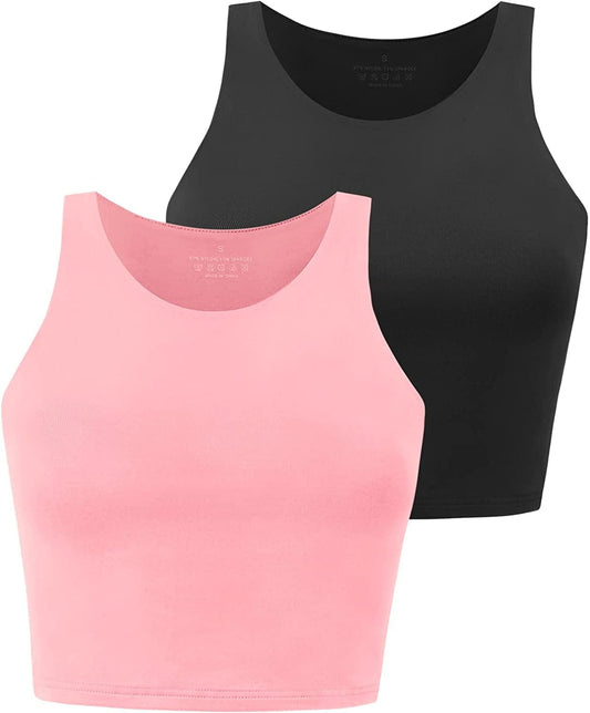 Yeawinta Workout Crop Tops for Women Cropped Racerback Halter Neck Shirts Sleeveless Yoga Tops Pack 2 Pack Black/Pink / Large