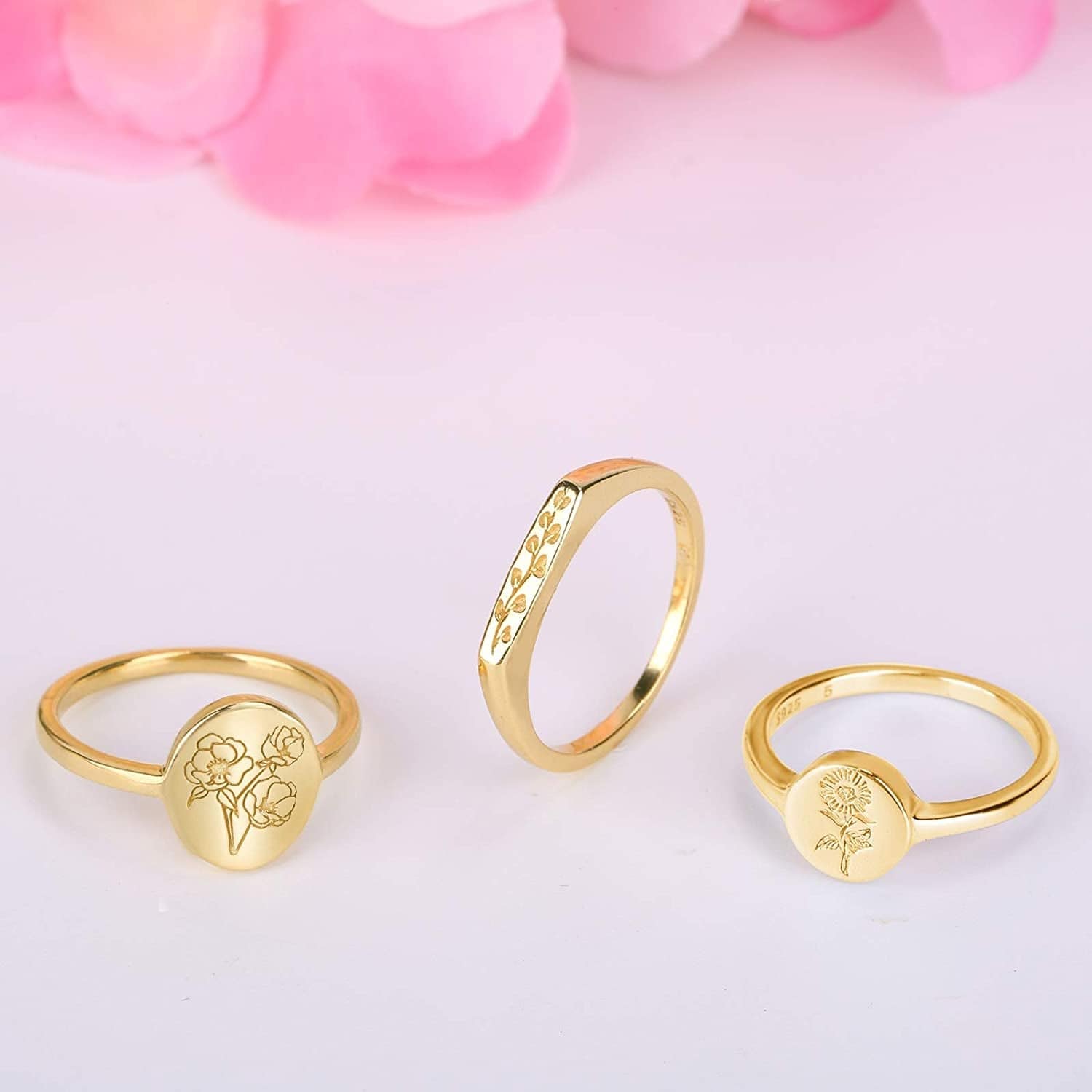 Yegieonr 18K Gold Plated Sterling Silver Rings for Women, Handmade Engraved Sunflower Flower Signet Rings Minimalistic Statement Ring, Delicate Jewelry Gift for Women/Girls