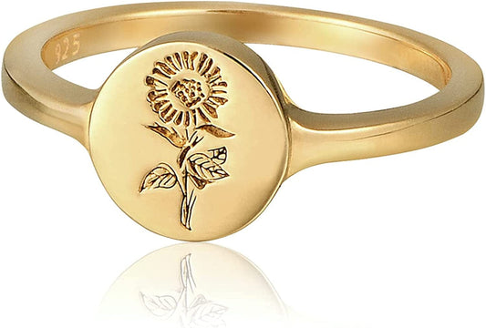 Yegieonr 18K Gold Plated Sterling Silver Rings for Women, Handmade Engraved Sunflower Flower Signet Rings Minimalistic Statement Ring, Delicate Jewelry Gift for Women/Girls Yellow-Gold / 10