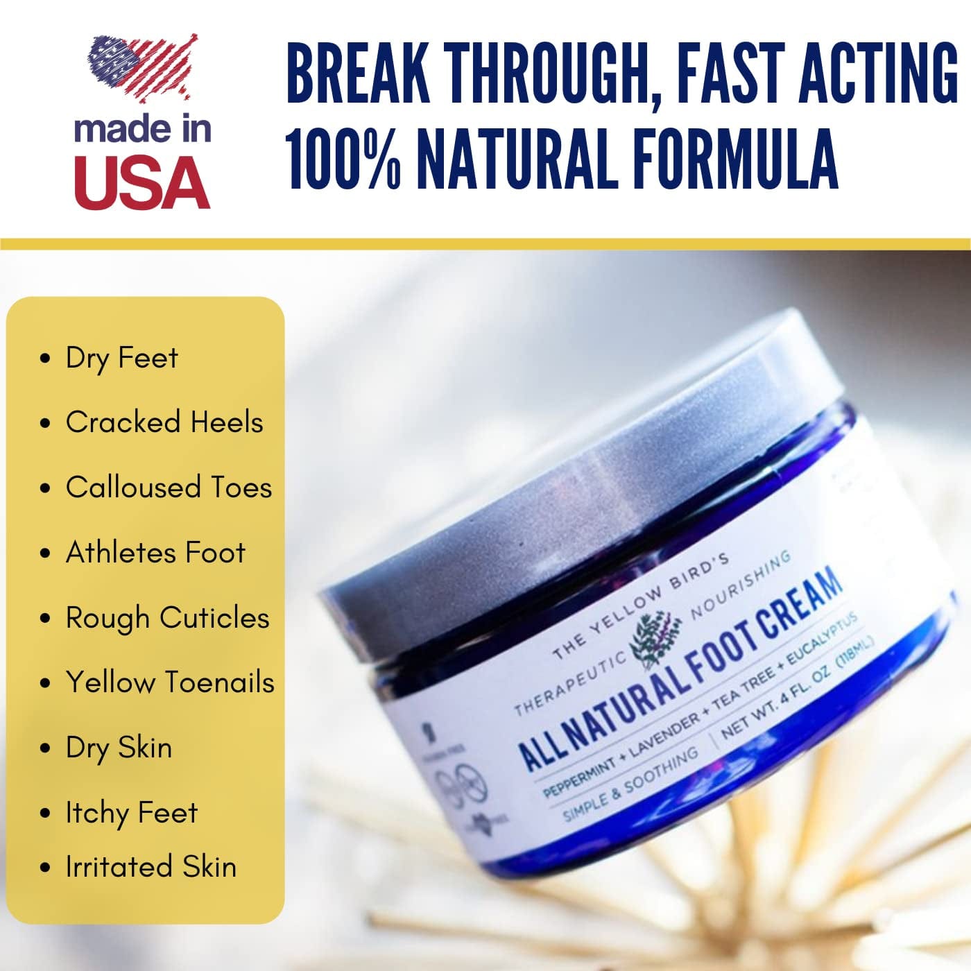 Yellow Bird Natural Foot Cream - Dry Feet Balm , Cracked Heel Moisturizer, Organic Athletes Foot Repair Salve with Tea Tree Oil & Peppermint. Moisturizing Callus Care, Toenail Treatment Creme Health & Beauty > Personal Care > Foot Care The Yellow Bird