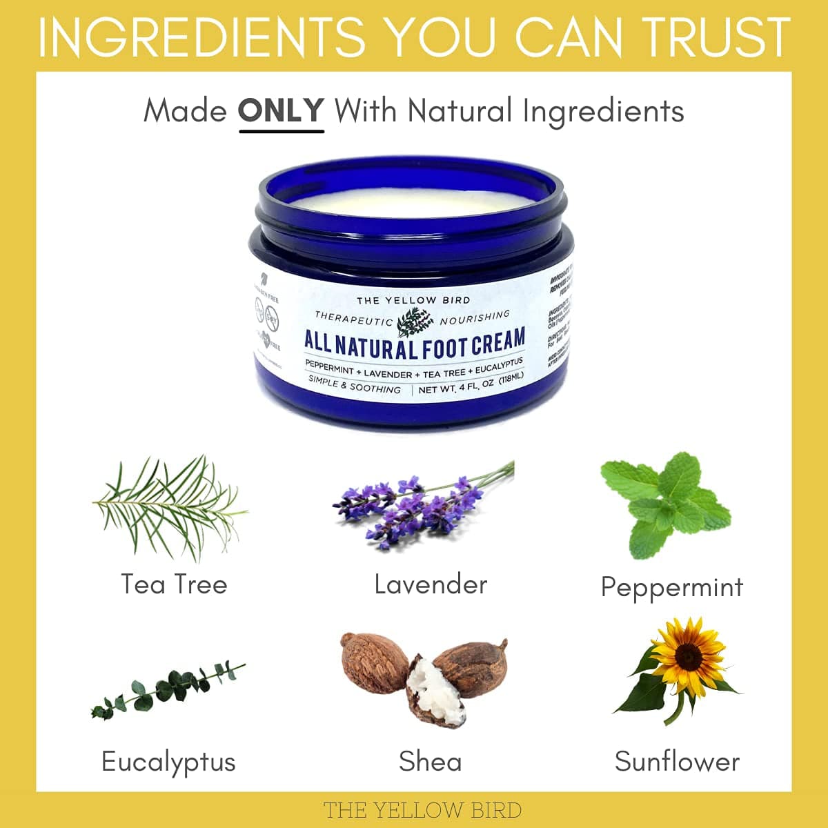 Yellow Bird Natural Foot Cream - Dry Feet Balm , Cracked Heel Moisturizer, Organic Athletes Foot Repair Salve with Tea Tree Oil & Peppermint. Moisturizing Callus Care, Toenail Treatment Creme Health & Beauty > Personal Care > Foot Care The Yellow Bird