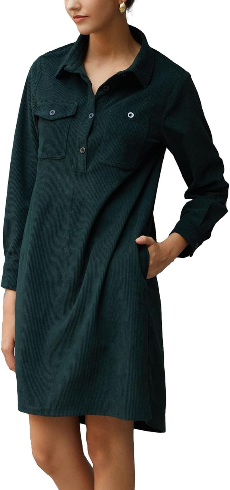 YEXPINE Women'S Tunic Dress Long Sleeve Casual Button down Corduroy Shirt Dress with Pockets