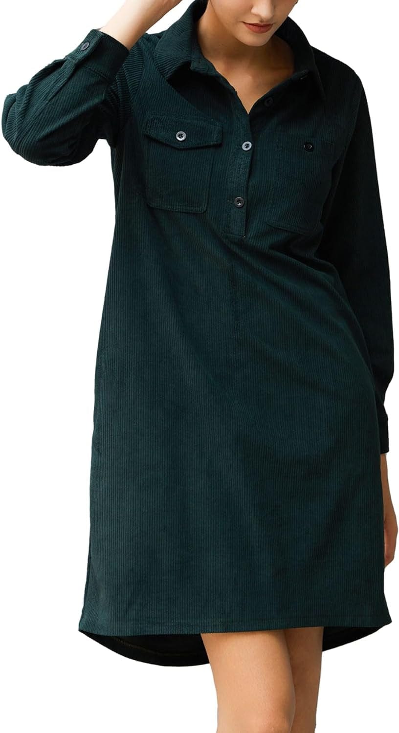 YEXPINE Women'S Tunic Dress Long Sleeve Casual Button down Corduroy Shirt Dress with Pockets