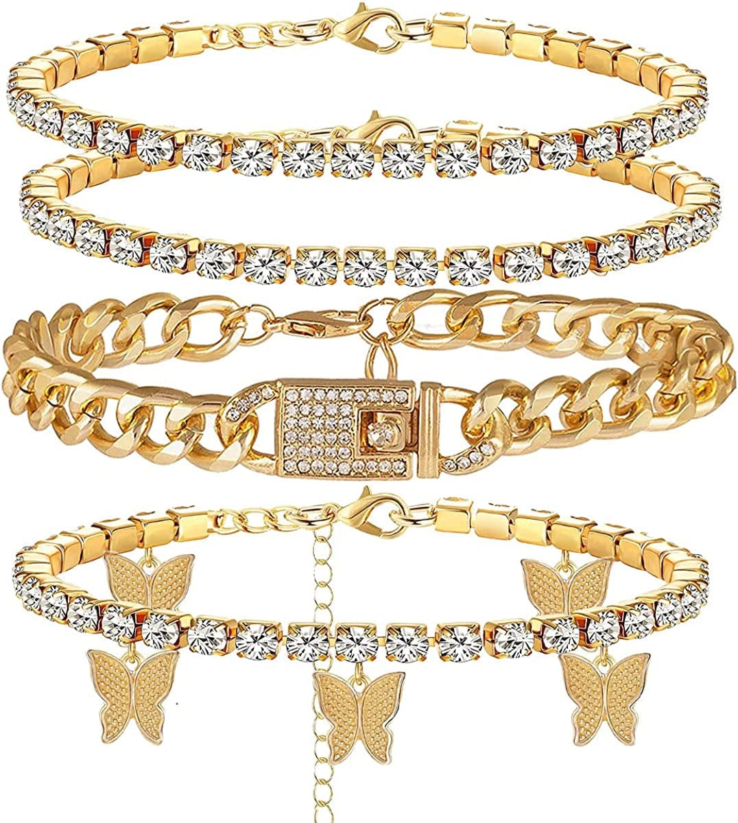 Yfstyle 3PCS Butterfly Ankle Bracelet for Women Girls Charms Butterfly Ankle Rhinestone Anklets Bulk Adjustable Layered Braided Chain Anklet for Summer Beach Apparel & Accessories > Jewelry > Anklets yfstyle gold cuban