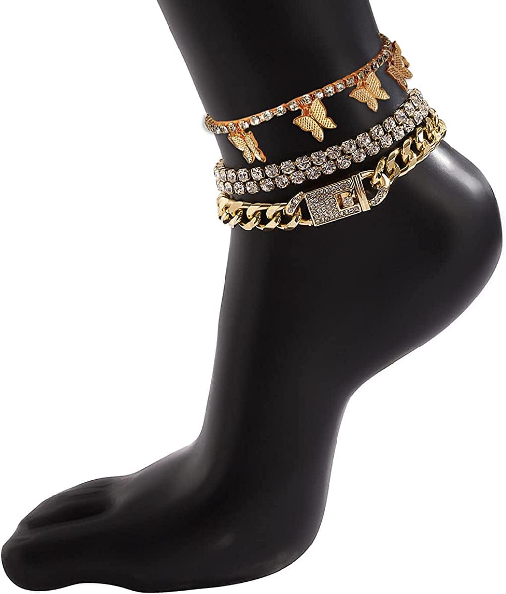 Yfstyle 3PCS Butterfly Ankle Bracelet for Women Girls Charms Butterfly Ankle Rhinestone Anklets Bulk Adjustable Layered Braided Chain Anklet for Summer Beach Apparel & Accessories > Jewelry > Anklets yfstyle
