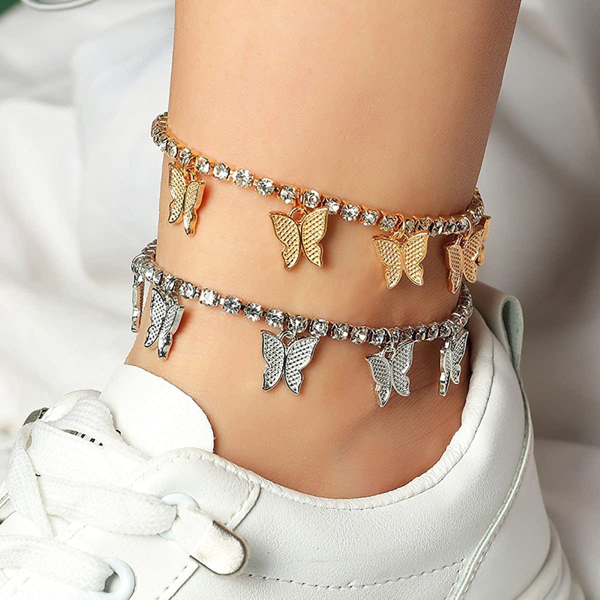 Yfstyle 3PCS Butterfly Ankle Bracelet for Women Girls Charms Butterfly Ankle Rhinestone Anklets Bulk Adjustable Layered Braided Chain Anklet for Summer Beach Apparel & Accessories > Jewelry > Anklets yfstyle