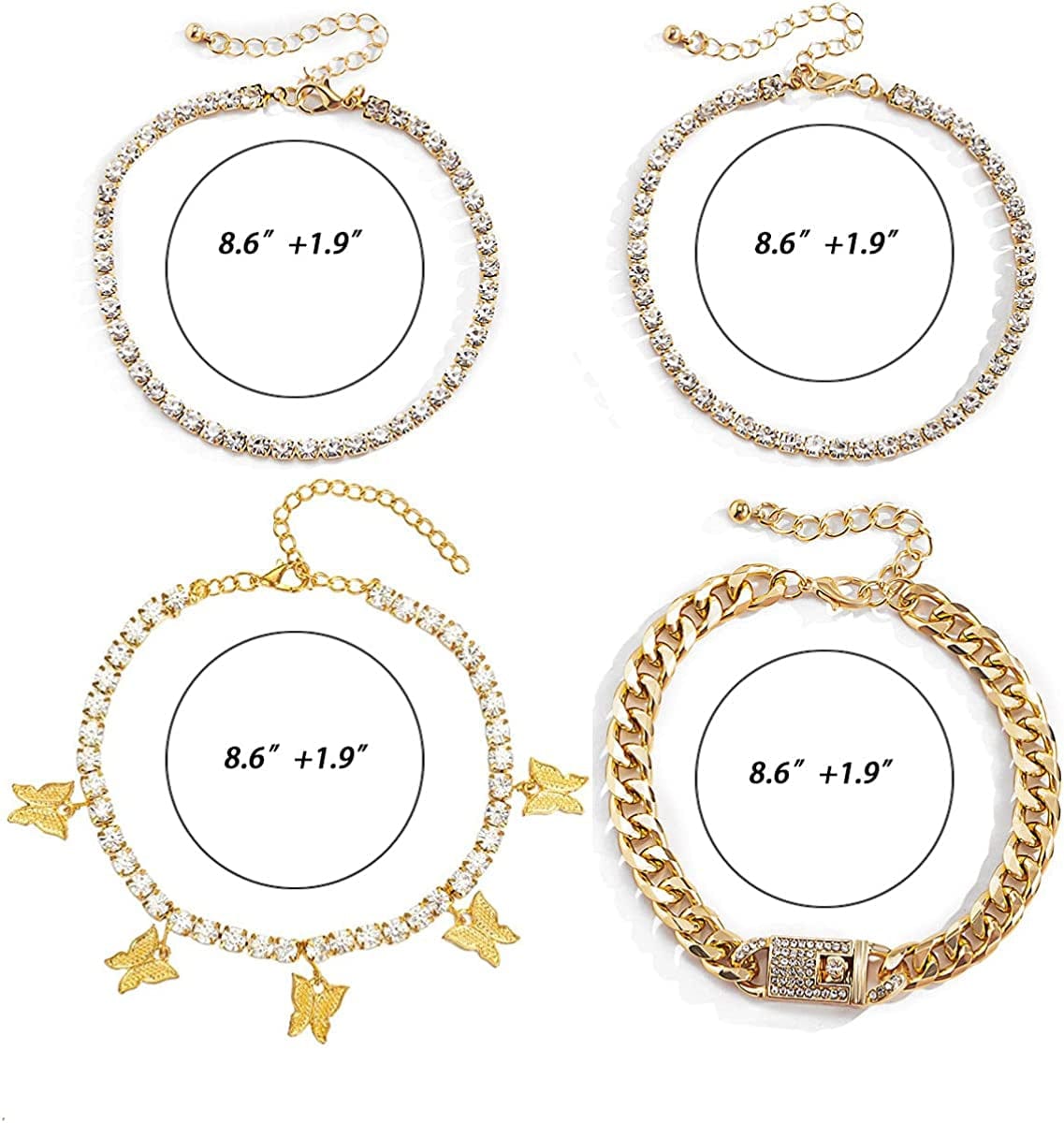 Yfstyle 3PCS Butterfly Ankle Bracelet for Women Girls Charms Butterfly Ankle Rhinestone Anklets Bulk Adjustable Layered Braided Chain Anklet for Summer Beach Apparel & Accessories > Jewelry > Anklets yfstyle