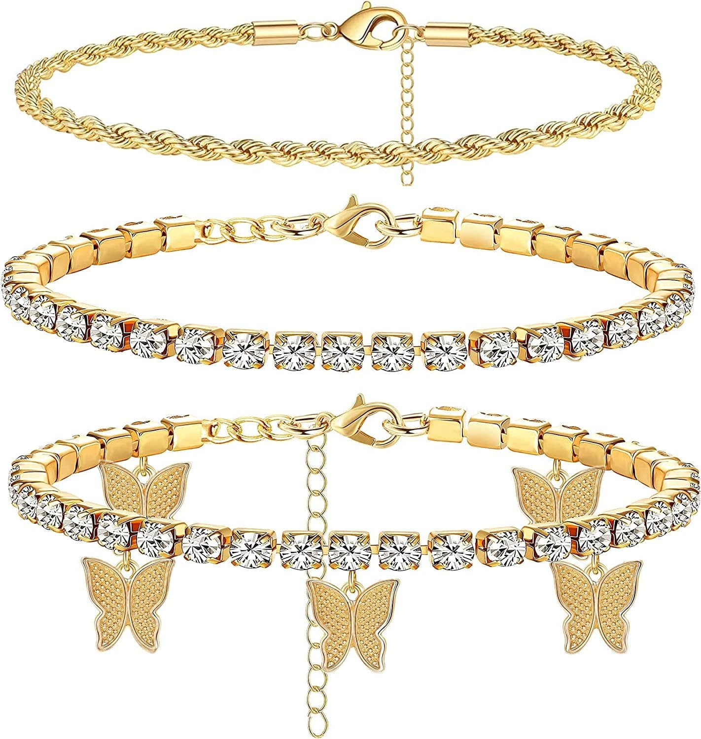 Yfstyle 3PCS Butterfly Ankle Bracelet for Women Girls Charms Butterfly Ankle Rhinestone Anklets Bulk Adjustable Layered Braided Chain Anklet for Summer Beach Apparel & Accessories > Jewelry > Anklets yfstyle gold