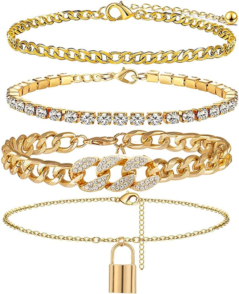 Yfstyle 3PCS Butterfly Ankle Bracelet for Women Girls Charms Butterfly Ankle Rhinestone Anklets Bulk Adjustable Layered Braided Chain Anklet for Summer Beach Apparel & Accessories > Jewelry > Anklets yfstyle gold lock