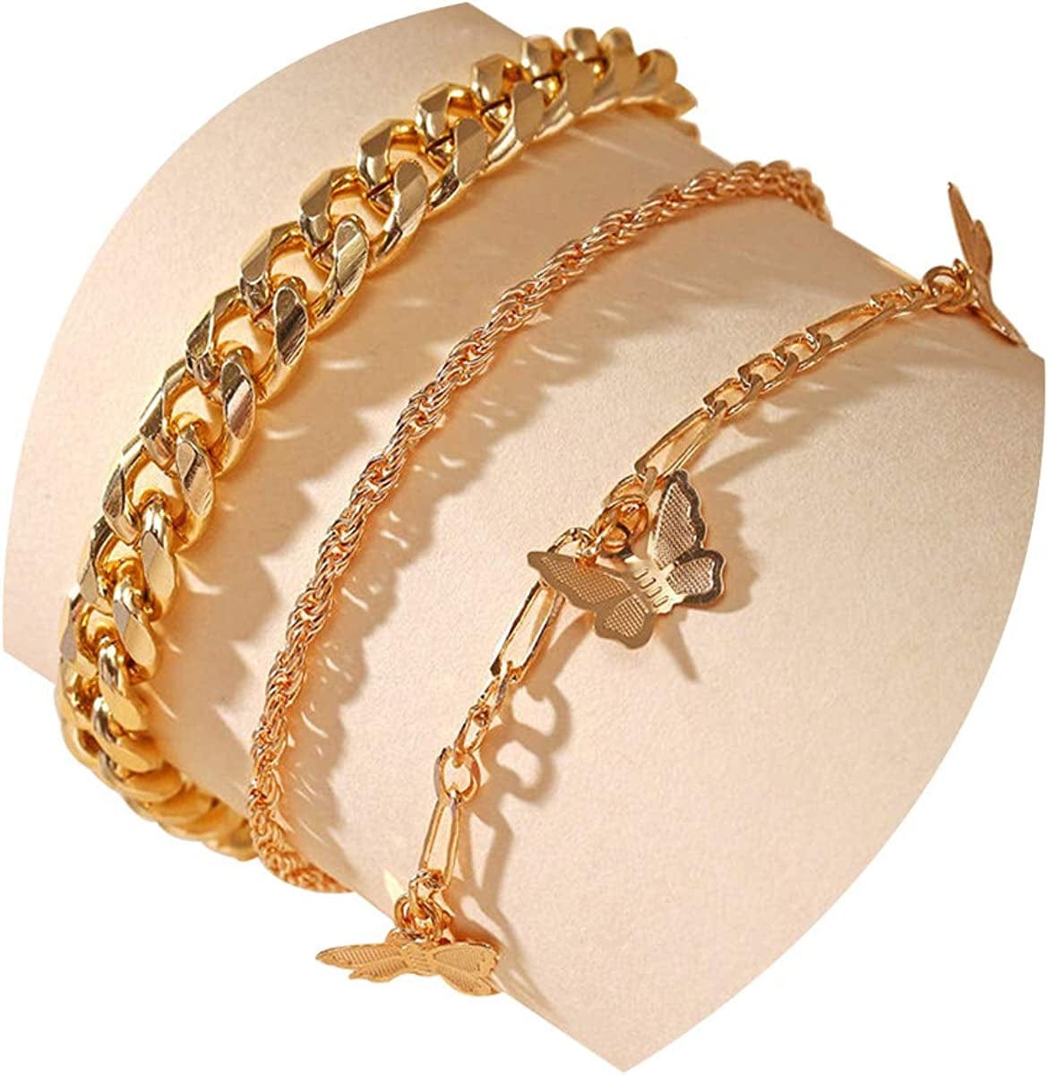 Yfstyle 3PCS Butterfly Ankle Bracelet for Women Girls Charms Butterfly Ankle Rhinestone Anklets Bulk Adjustable Layered Braided Chain Anklet for Summer Beach Apparel & Accessories > Jewelry > Anklets yfstyle 3pcs butterfly