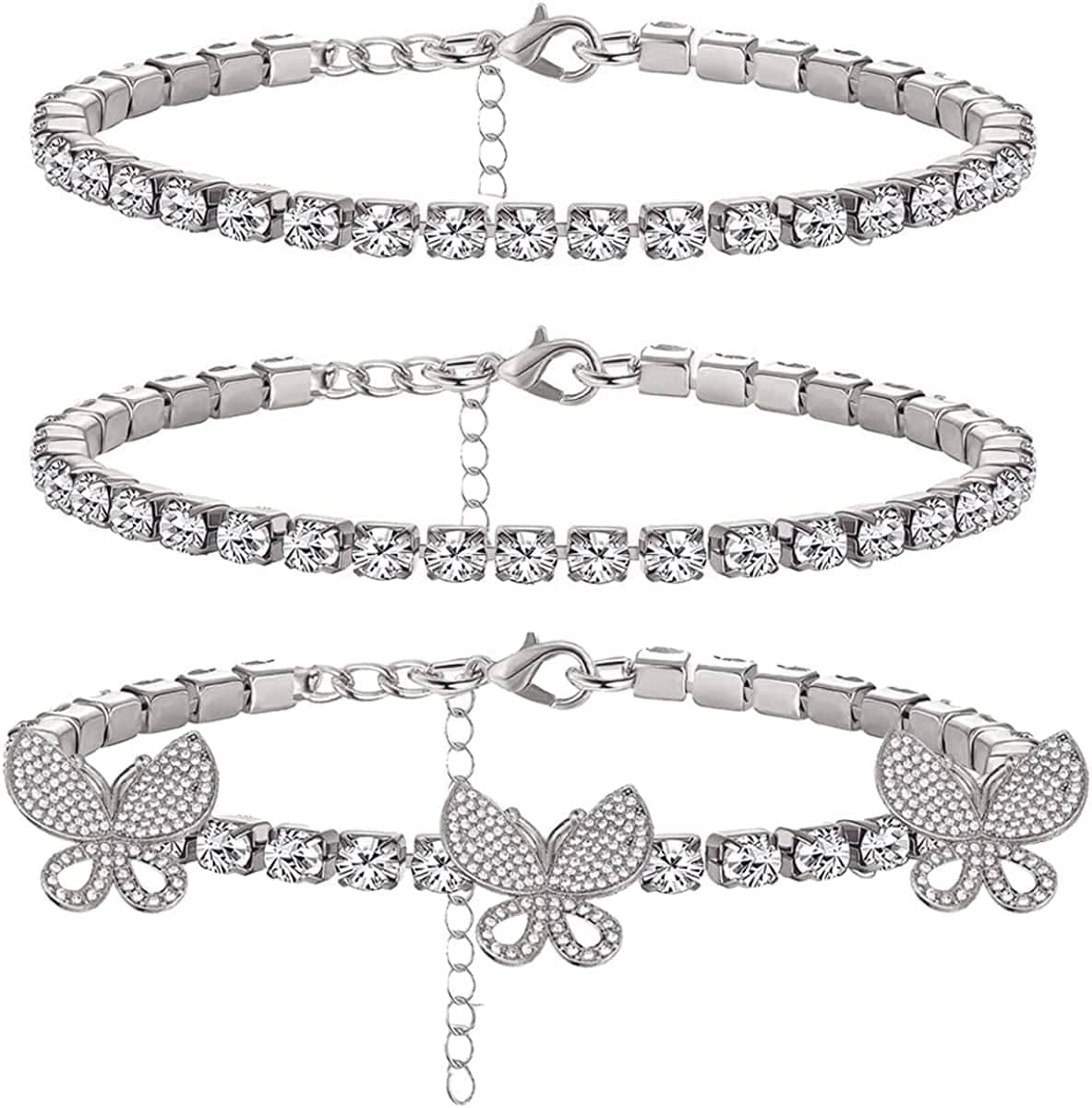 Yfstyle 3PCS Butterfly Ankle Bracelet for Women Girls Charms Butterfly Ankle Rhinestone Anklets Bulk Adjustable Layered Braided Chain Anklet for Summer Beach Apparel & Accessories > Jewelry > Anklets yfstyle 3 silver butterfly