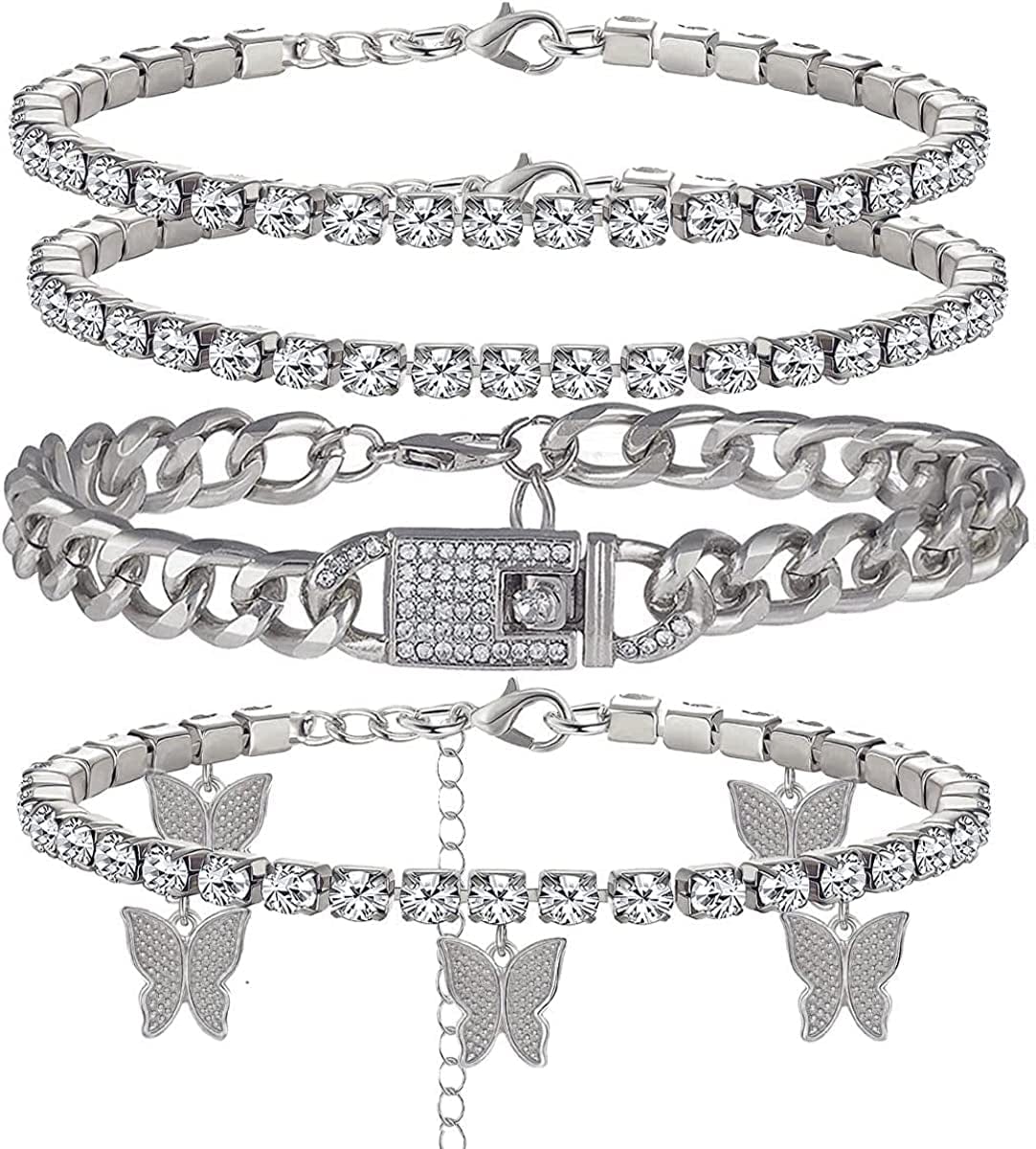 Yfstyle 3PCS Butterfly Ankle Bracelet for Women Girls Charms Butterfly Ankle Rhinestone Anklets Bulk Adjustable Layered Braided Chain Anklet for Summer Beach Apparel & Accessories > Jewelry > Anklets yfstyle silver cuban