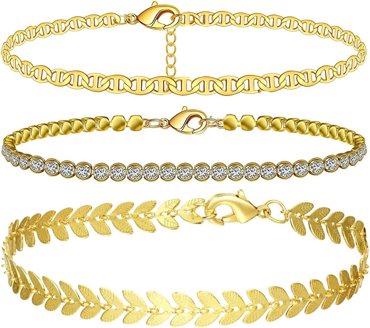 Yfstyle 3PCS Butterfly Ankle Bracelet for Women Girls Charms Butterfly Ankle Rhinestone Anklets Bulk Adjustable Layered Braided Chain Anklet for Summer Beach Apparel & Accessories > Jewelry > Anklets yfstyle leaf