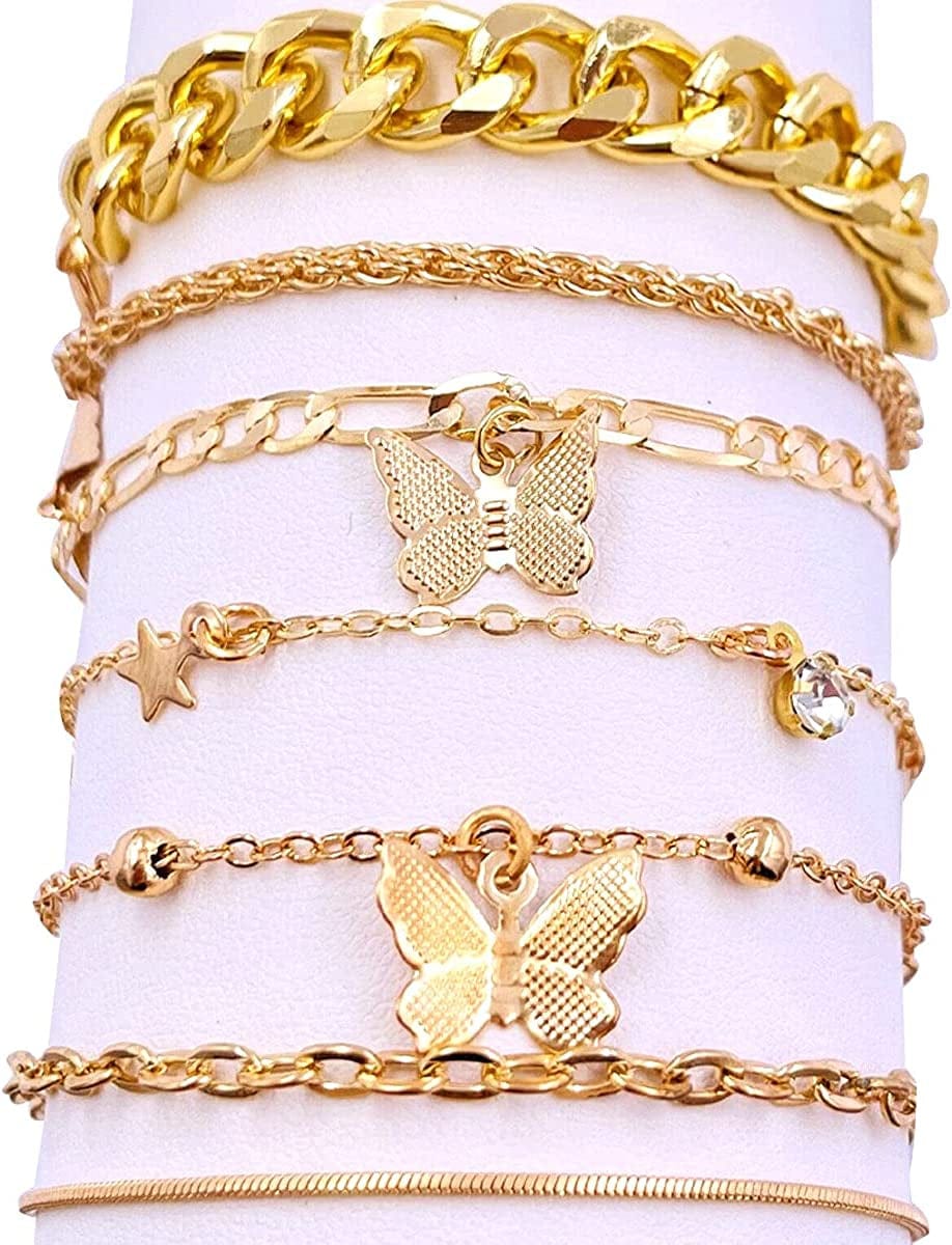 Yfstyle 3PCS Butterfly Ankle Bracelet for Women Girls Charms Butterfly Ankle Rhinestone Anklets Bulk Adjustable Layered Braided Chain Anklet for Summer Beach Apparel & Accessories > Jewelry > Anklets yfstyle 6PCS