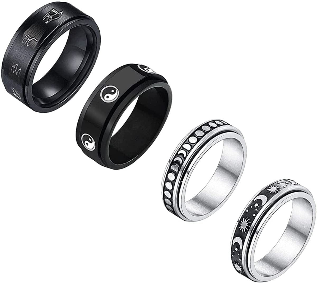 Yfstyle 4PCS Plain Band Rings for Men Stainless Steel Rings for Men Wedding Ring Cool Spinner Rings for Men Black Stainless Steel Ring Set Anxiety Ring Fidget Size 6-12 spinner / 11