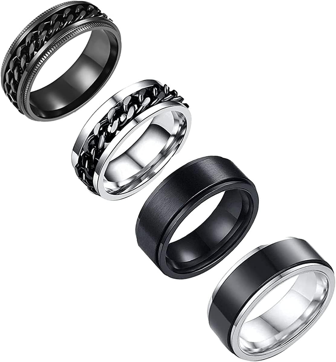 Yfstyle 4PCS Plain Band Rings for Men Stainless Steel Rings for Men Wedding Ring Cool Spinner Rings for Men Black Stainless Steel Ring Set Anxiety Ring Fidget Size 6-12 black setA / 8