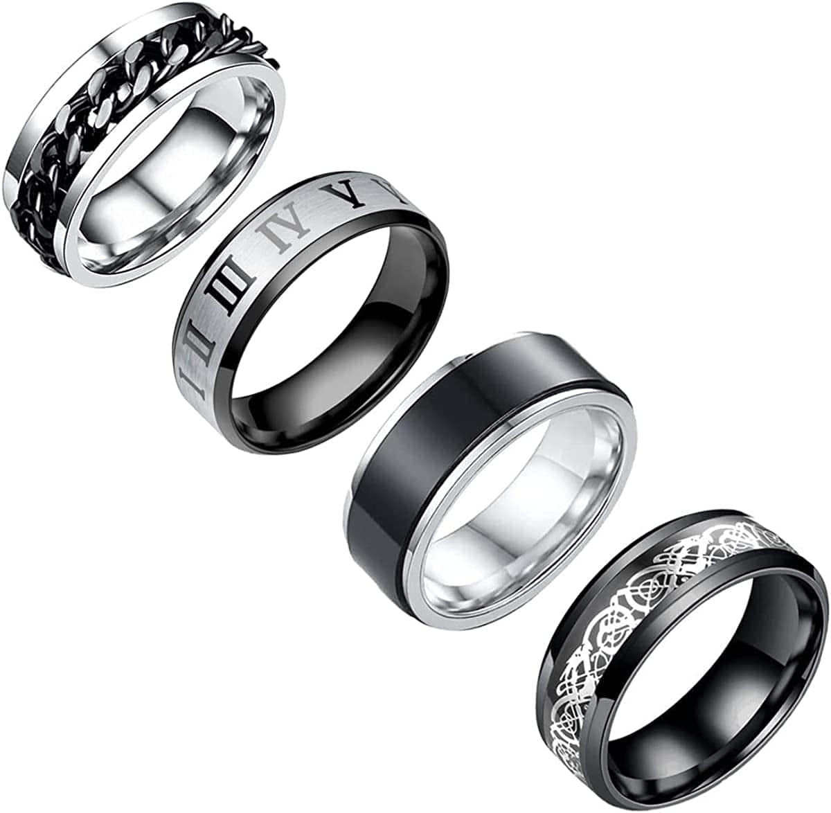 Yfstyle 4PCS Plain Band Rings for Men Stainless Steel Rings for Men Wedding Ring Cool Spinner Rings for Men Black Stainless Steel Ring Set Anxiety Ring Fidget Size 6-12 2silver / 10