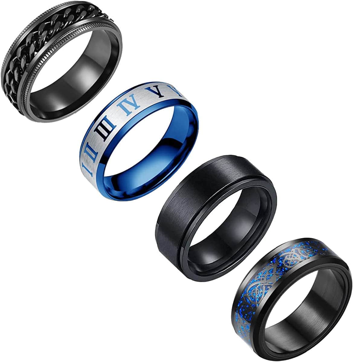 Yfstyle 4PCS Plain Band Rings for Men Stainless Steel Rings for Men Wedding Ring Cool Spinner Rings for Men Black Stainless Steel Ring Set Anxiety Ring Fidget Size 6-12 Blue / 11