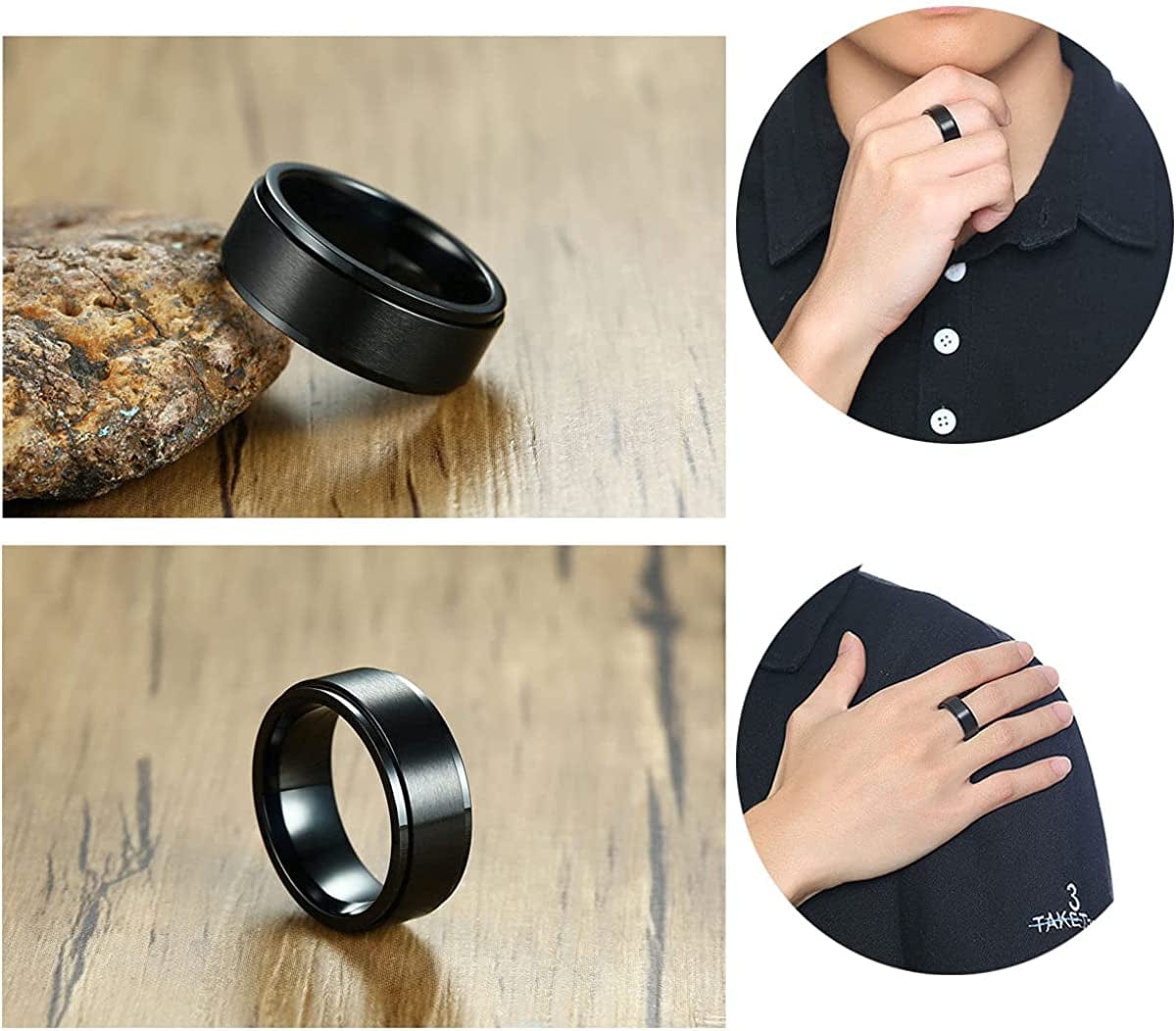 Yfstyle 4PCS Plain Band Rings for Men Stainless Steel Rings for Men Wedding Ring Cool Spinner Rings for Men Black Stainless Steel Ring Set Anxiety Ring Fidget Size 6-12