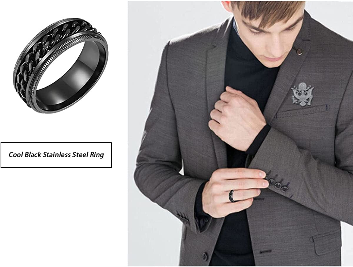 Yfstyle 4PCS Plain Band Rings for Men Stainless Steel Rings for Men Wedding Ring Cool Spinner Rings for Men Black Stainless Steel Ring Set Anxiety Ring Fidget Size 6-12