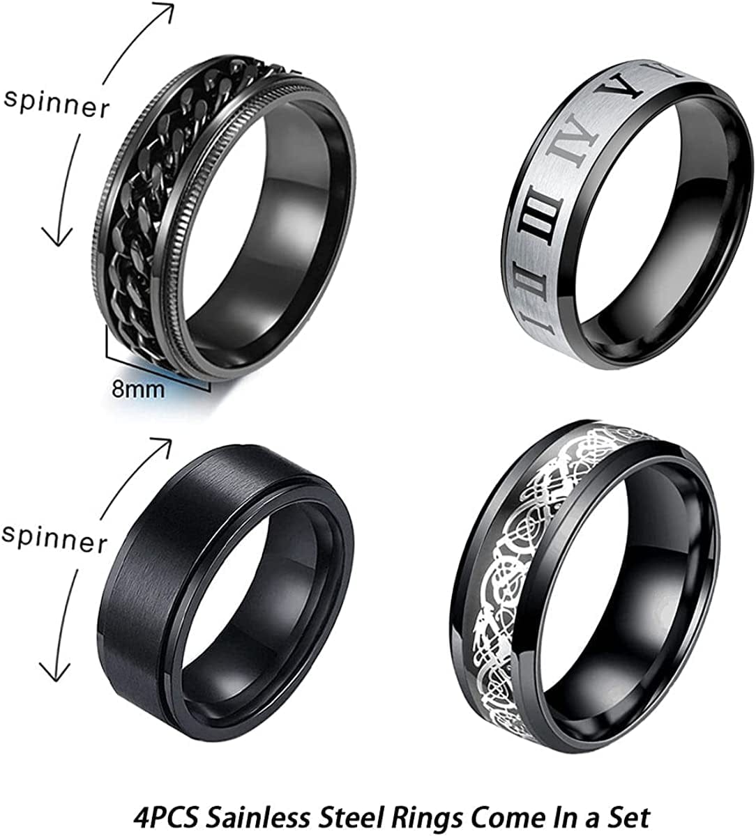 Yfstyle 4PCS Plain Band Rings for Men Stainless Steel Rings for Men Wedding Ring Cool Spinner Rings for Men Black Stainless Steel Ring Set Anxiety Ring Fidget Size 6-12
