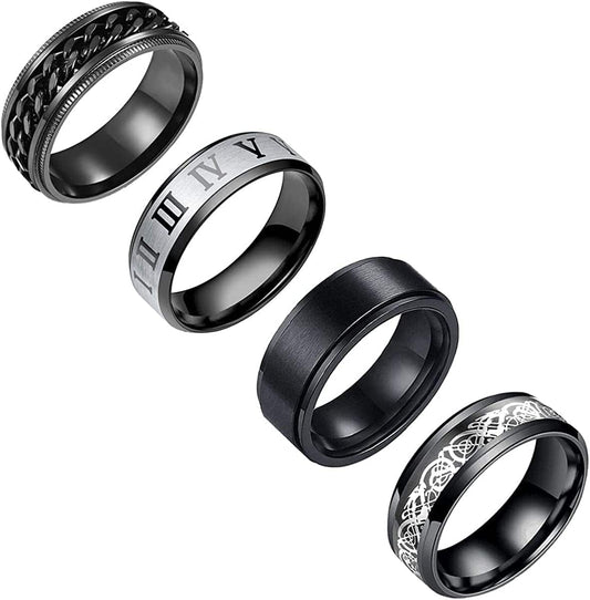 Yfstyle 4PCS Plain Band Rings for Men Stainless Steel Rings for Men Wedding Ring Cool Spinner Rings for Men Black Stainless Steel Ring Set Anxiety Ring Fidget Size 6-12 black set / 6