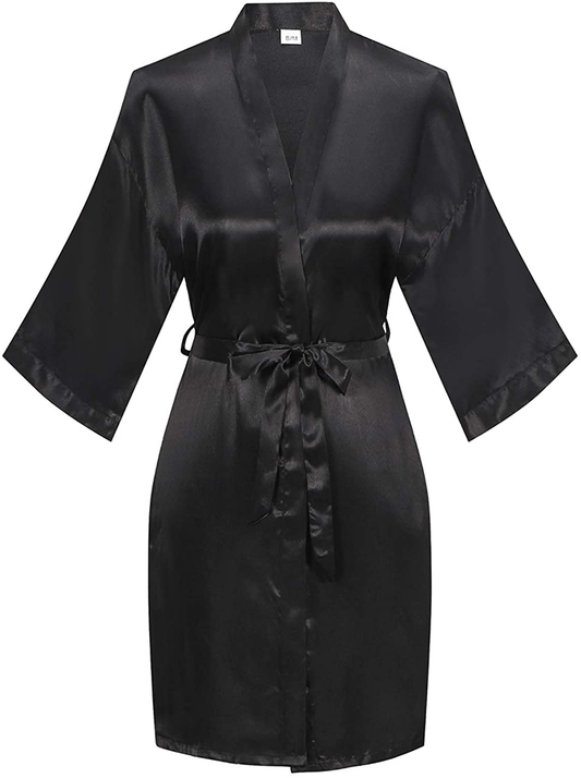 YINGER Womens Satin Kimono Robe V Neck Bridesmaid Bathrobe Wedding Party Loungewear Short XS-XXL Apparel & Accessories > Clothing > Sleepwear & Loungewear > Robes BeingYoung Black XX-Large-3X-Large