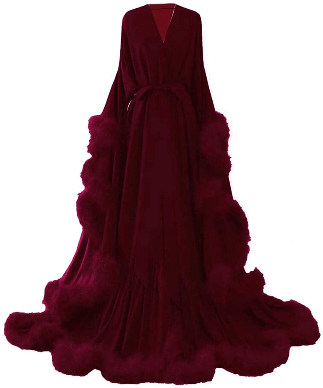 Yinyyinhs Women'S Feather Bridal Robe Wedding Scarf Long Lingerie Robe Nightgown Bathrobe Sleepwear with Belt Apparel & Accessories > Clothing > Sleepwear & Loungewear > Robes yinyyinhs Burgundy 3X-Large