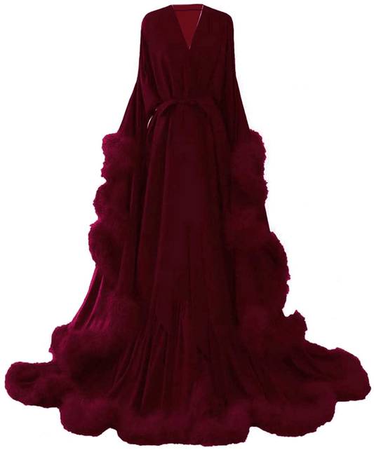 Yinyyinhs Women'S Feather Bridal Robe Wedding Scarf Long Lingerie Robe Nightgown Bathrobe Sleepwear with Belt Apparel & Accessories > Clothing > Sleepwear & Loungewear > Robes yinyyinhs Burgundy 3X-Large