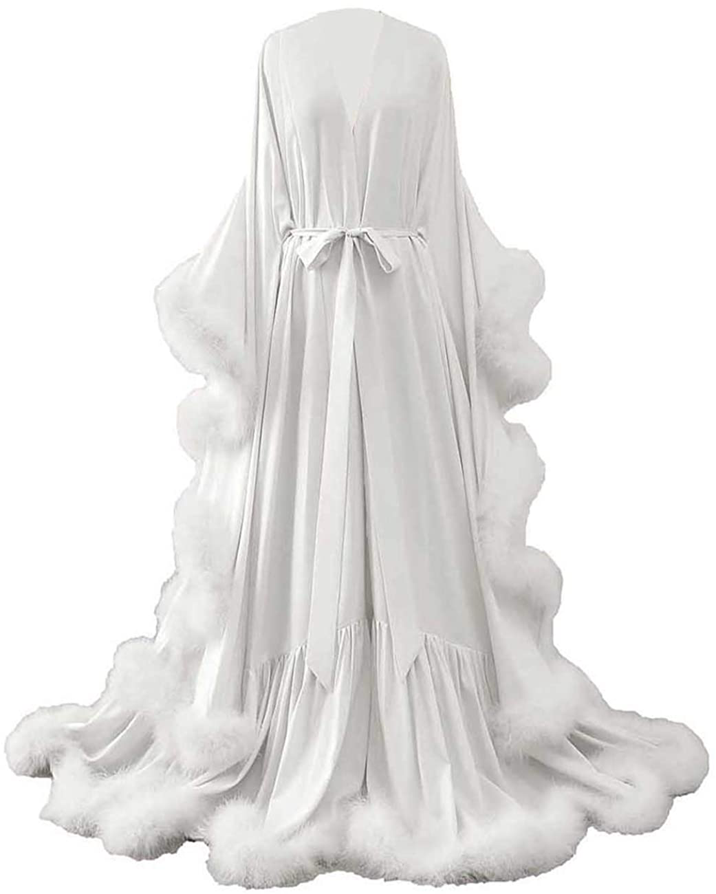 Yinyyinhs Women'S Feather Bridal Robe Wedding Scarf Long Lingerie Robe Nightgown Bathrobe Sleepwear with Belt Apparel & Accessories > Clothing > Sleepwear & Loungewear > Robes yinyyinhs