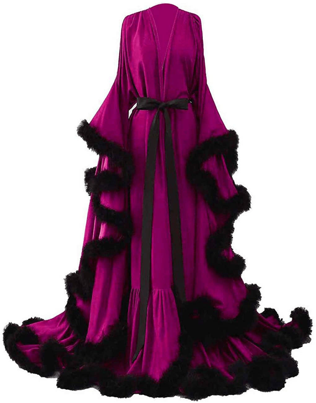 Yinyyinhs Women'S Feather Bridal Robe Wedding Scarf Long Lingerie Robe Nightgown Bathrobe Sleepwear with Belt Apparel & Accessories > Clothing > Sleepwear & Loungewear > Robes yinyyinhs Fuchsia-black Small-Medium