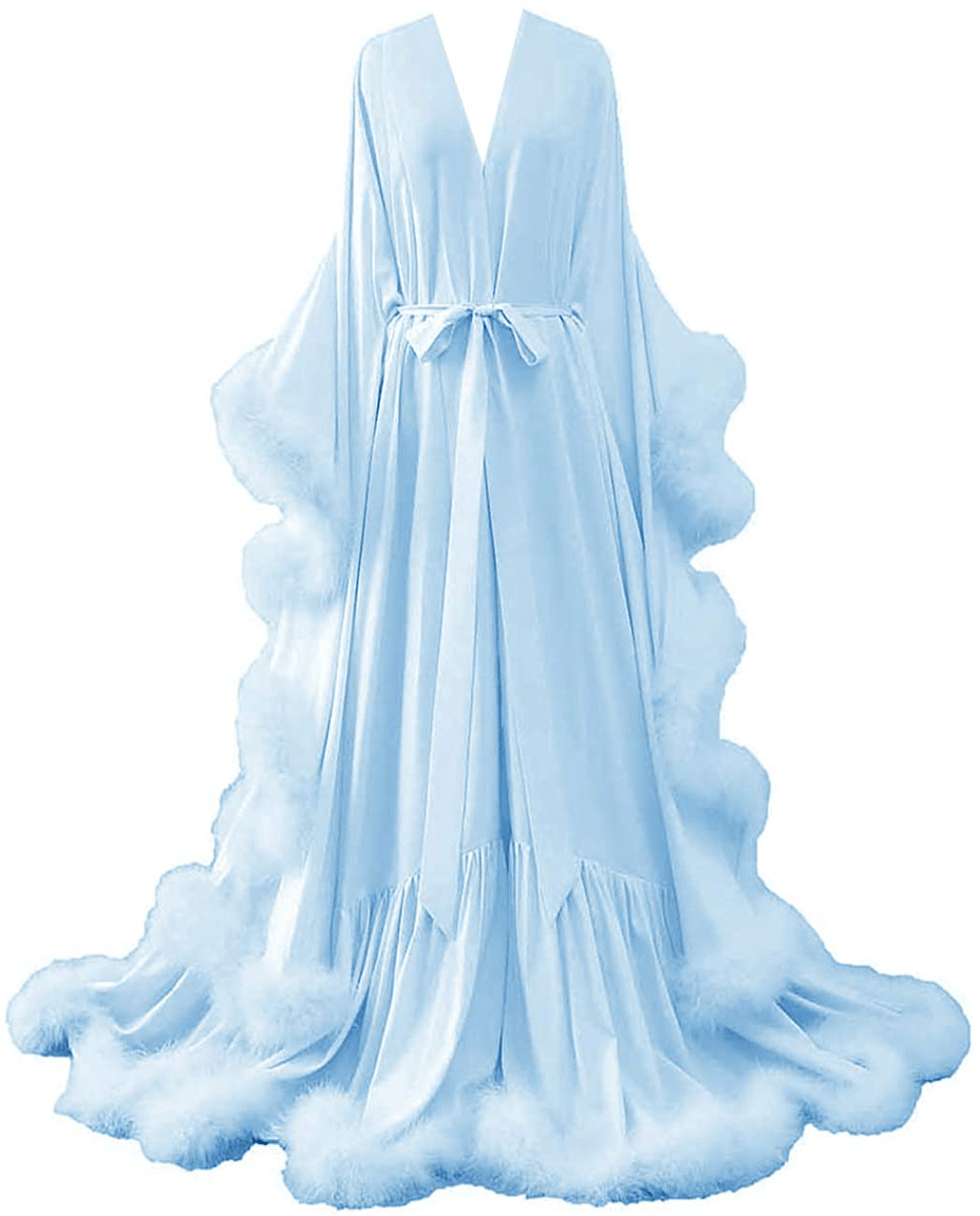 Yinyyinhs Women'S Feather Bridal Robe Wedding Scarf Long Lingerie Robe Nightgown Bathrobe Sleepwear with Belt Apparel & Accessories > Clothing > Sleepwear & Loungewear > Robes yinyyinhs Light Blue Small-Medium