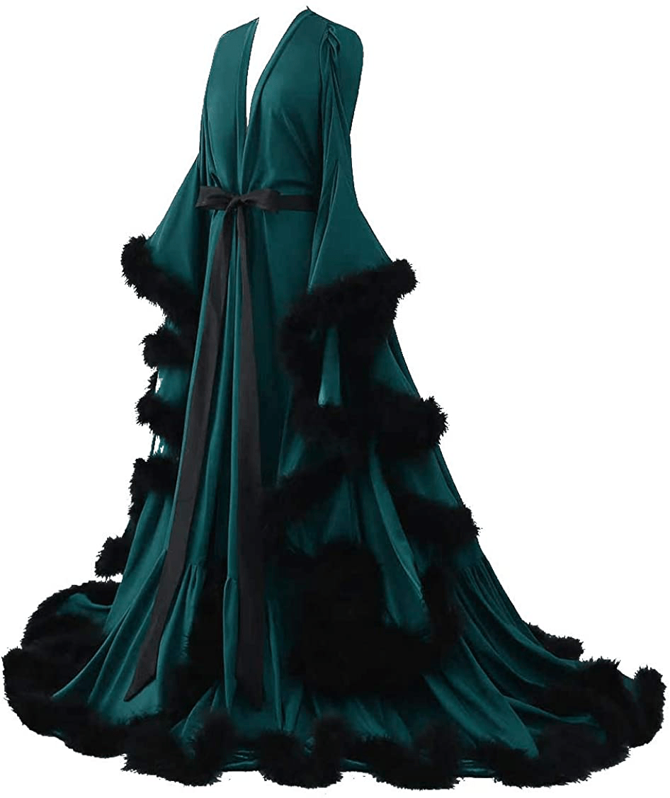 Yinyyinhs Women'S Feather Bridal Robe Wedding Scarf Long Lingerie Robe Nightgown Bathrobe Sleepwear with Belt Apparel & Accessories > Clothing > Sleepwear & Loungewear > Robes yinyyinhs Teal-black XX-Large