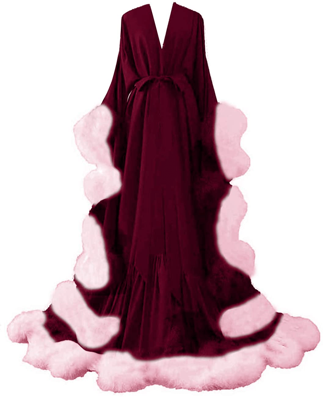 Yinyyinhs Women'S Feather Bridal Robe Wedding Scarf Long Lingerie Robe Nightgown Bathrobe Sleepwear with Belt Apparel & Accessories > Clothing > Sleepwear & Loungewear > Robes yinyyinhs Burgundy-pink XX-Large