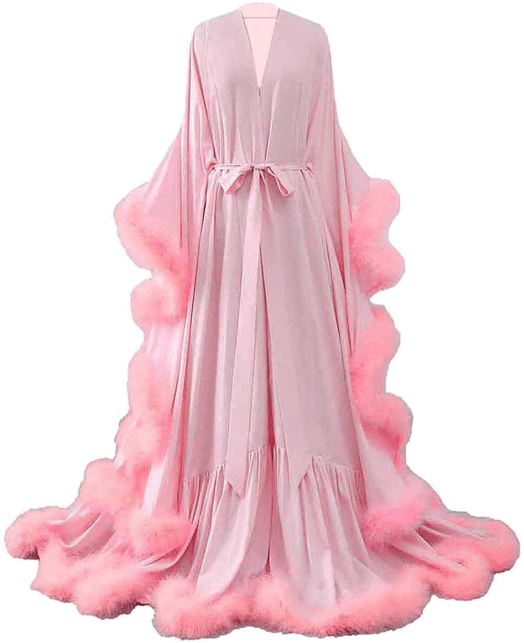 Yinyyinhs Women'S Feather Bridal Robe Wedding Scarf Long Lingerie Robe Nightgown Bathrobe Sleepwear with Belt Apparel & Accessories > Clothing > Sleepwear & Loungewear > Robes yinyyinhs Pink XX-Large