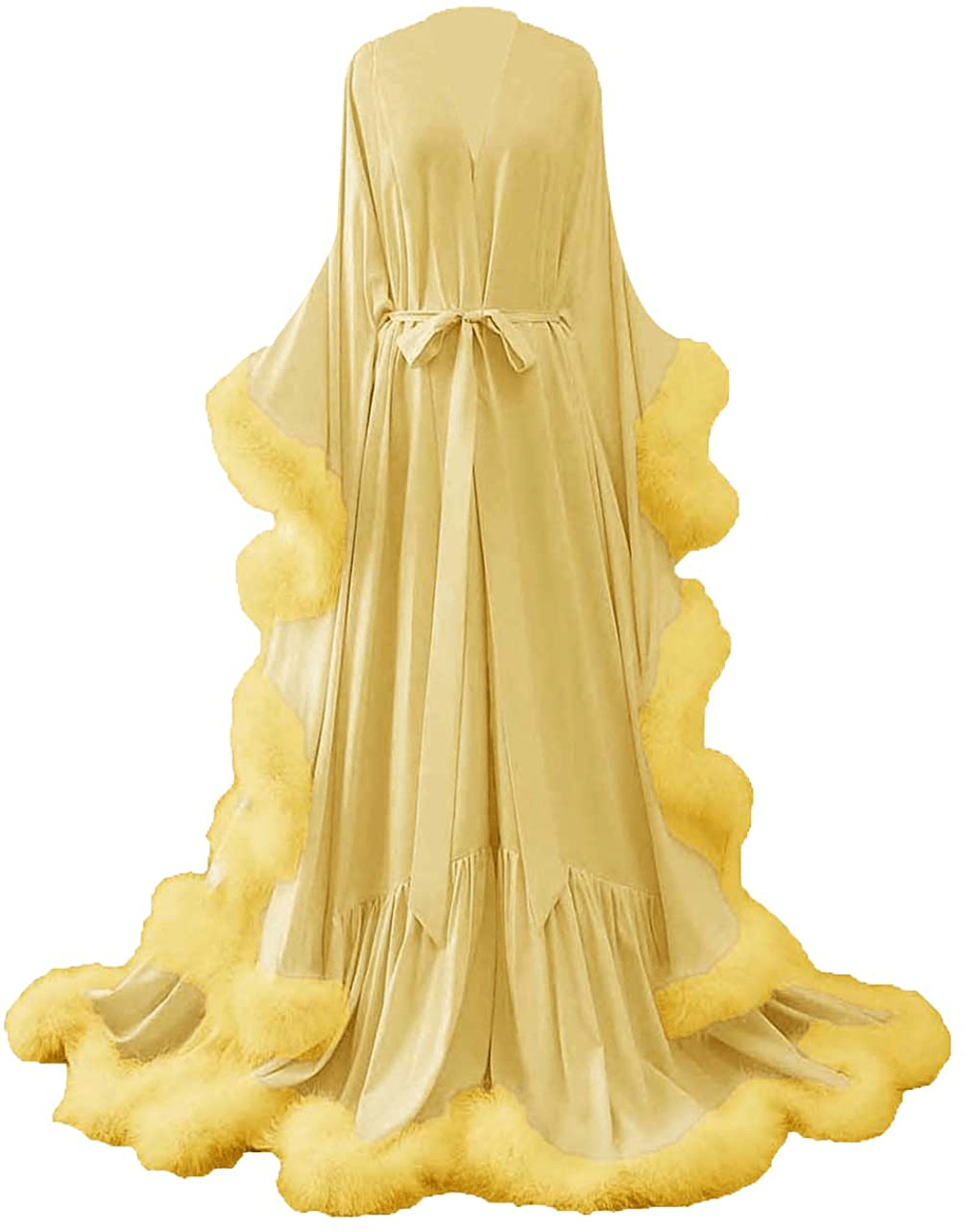 Yinyyinhs Women'S Feather Bridal Robe Wedding Scarf Long Lingerie Robe Nightgown Bathrobe Sleepwear with Belt Apparel & Accessories > Clothing > Sleepwear & Loungewear > Robes yinyyinhs Yellow XX-Large