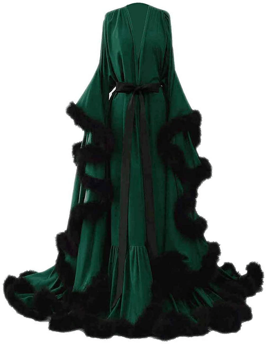 Yinyyinhs Women'S Feather Bridal Robe Wedding Scarf Long Lingerie Robe Nightgown Bathrobe Sleepwear with Belt Apparel & Accessories > Clothing > Sleepwear & Loungewear > Robes yinyyinhs Green-black 3X-Large